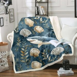 Shark Throw Blanket Baby 30X40,Cartoon Shark Shell Fleece Blanket for Kids Boys Girls Bedroom,Nautical Coastal Bed Blanket,Ocean Marine Life Sherpa Blanket for Sofa Bed Couch,Blue Green