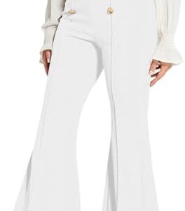 Womens Classy High Waist Double Breasted Flared Sailor Trousers Pants with Hide Zipper Tummy Button Wide Leg Pant