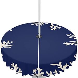 Outdoor Tablecloth with Umbrella Hole and Zipper, Coral Navy Blue Waterproof Table Cloth for Patio/Party/Picnic, Ocean Theme Nautical Coastal Marine Table Cover, 60 Inch Round