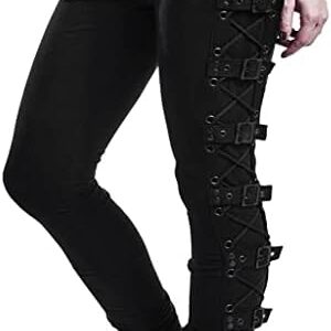 Womens Steampunk Leggings Skinny Trendy Side Lacing Pirate Pants High Waisted Elastic Slim Goth Lace Up Leggings