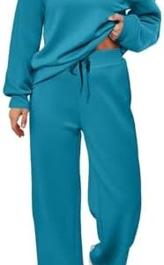 Women Drop Shoulder Sweatsuit 2Piece Outfit Crewneck Long Sleeve Sweatshirt and Wide Leg Sweatpants Solid Tracksuits