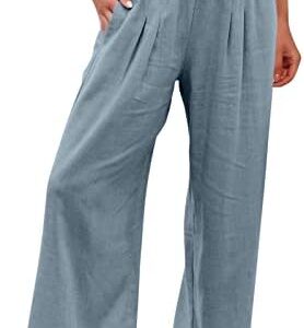 Cotton Linen Pants Women's Casual Straight Wide Leg Palazzo Pant Elastic High Waist Loose Trousers Comfort Solid Pant