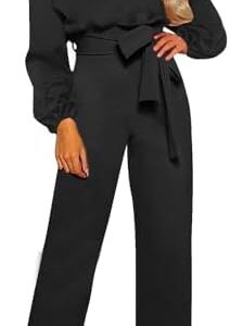 Women Dressy Belted Jumpsuits Lantern Long Sleeve Wide Leg Pant Romper Keyhole Back Elegant Casual One Piece Outfit