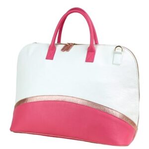 Nautical Leather Duffle Bag | Handmade to Order in Italy, Soft Pebble-Grain Waterproof Leather | Travel Sporty Duffel Bag Shoulder Strap Included | Elegant Luxury Travel Handbag (White/Pink/Gold)
