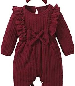 Baby Girl Romper Infant Fall Winter Clothes Ruffle Sweater Long Sleeve Bodysuit Jumpsuit and Headband