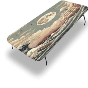 Nautical Tablecloth for Folding Table, Pastel Ocean Scenery with Waves and Ship in Japanese Ethnic Style, 30"x 84" Table Cover for 7ft Folding Table, Pale Teal Tan Dried Rose
