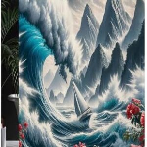 Nautical Blanket, Sailboat Against Crashing Waves in Exotic Seas Flowers Mountains, Lightweight & Warm, Perfect for Bed or Couch, Queen, Floral, 50" x 60" Cadet Blue and Dark Pink