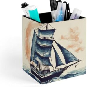 Lether Pen Holder for Desk, Nautical Sailboat Pencil Holder Organizers for Desktop, Pencil Cup Stationery Organizer for Office Desk Accessory, Square Makeup Brush Srotage Box Pencil Caddy