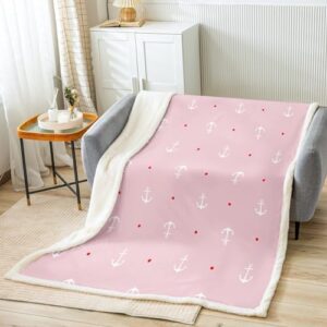 Anchor Pttern Bed Blanket Red Pink White Throw Blanket Lightweight Soft Cozy Luxury Nautical Anchor Fleece Blanket Summer Flannel Blanket for Sofa Bedroom Office Travel All Season(Twin 60"x80")