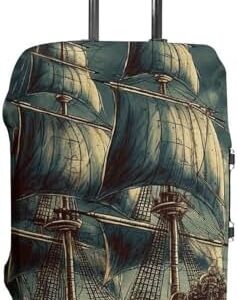 Travel Luggage Cover Suitcase Protector Nautical Vintage Sailing Pirate Ship Elastic Washable Stretch Suitcase Protector Anti-Scratch Travel Suitcase Cover Fit 18-32 Inch Luggage