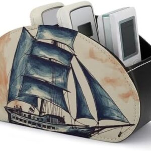 Leather Remote Control Holder with 5 Compartments, TV Remote Holder Nautical Sailboat Caddy Store Box, Remote Organizer Caddy for Table, Remote Box for Nightstand Bedside Table Organizer