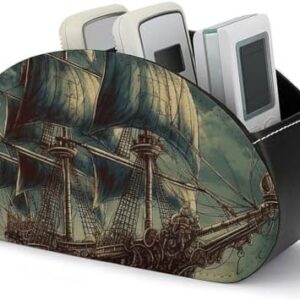 Leather Remote Control Holder with 5 Compartments, TV Remote Holder Nautical Vintage Sailing Pirate Ship Caddy Store Box, Remote Organizer Caddy for Table, Remote Box for Nightstand Bedside Table Orga