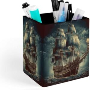 Lether Pen Holder for Desk, Nautical Vintage Sailing Pirate Ship Pencil Holder Organizers for Desktop, Pencil Cup Stationery Organizer for Office Desk Accessory, Square Makeup Brush Srotage Box Pencil