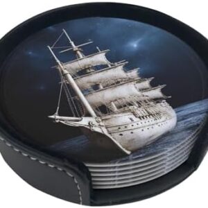 Coasters for Drinks Set of 6 Waterproof Insulated Mug Cup Coasters with Holder Non-Slip Vintage Nautical White Ship Car Coasters for Office Coffee Table Home Decor