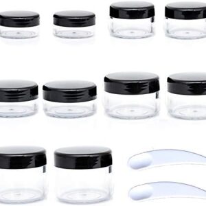 ZEJIA 10pcs Small Travel Containers, Black Sample Containers with Screw Lids, 5 Size 3/5/10/15/20 Gram Sample Jars with 12pcs Labels and 2pcs Mini Disposable Spatula, Makeup Sample Containers BPA Free