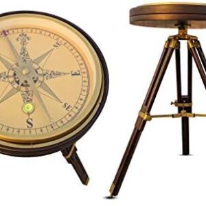 Wooden Brass Side Table/End Table Coffee Table Nautical Compass Decorative Adjustable Height & Foldable Tripod Stand Antique Finished Compass Table (1, 24 in)