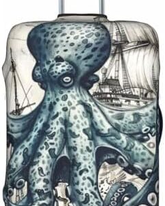 FORES Nautical Map with Octopus and Ship Luggage Covers Protectors Dust Proof Elastic Suitcase for Travel Fits 18-32 Inch Luggage