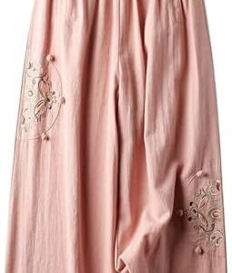 Oplxuo Women's Cotton Linen Pants Embroidery Wide Leg Cropped Pants Elastic High Waist Casual Palazzo Pants with Pockets