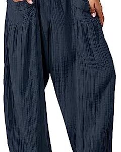 Women Wide Leg Cotton Linen Hippie Pants Elastic High Waisted Drawstring Solid Color Patchwork Casual Vintage Trousers