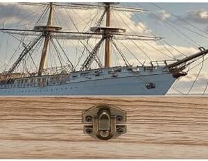 Decorative Wooden Box with Hinged Lid And Front Clasp Vintage Nautical White Ship Printed Wooden Storage Bins Vintage Jewelry Box Office Desk Organizer Keepsake Box Gift Box