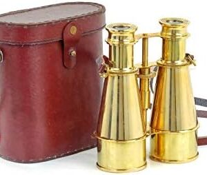 6" Brass Nautical Pirate's Spotting Scope Brass Binocular with Genuine Handmade Leather Case | Maritime Functional Survey Instrument with Bag | Nagina International