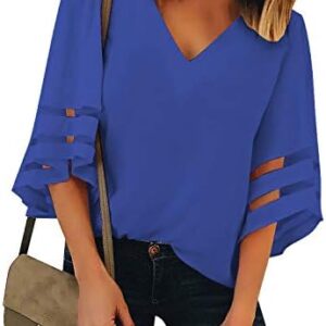 LookbookStore Women's V Neck Mesh Panel Blouse 3/4 Bell Sleeve Loose Top Shirt