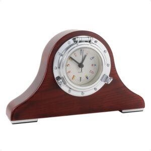 Clock Tambour Elegant Nautical Desk Time Keeper with Maritime Signal Flags - Chrome Porthole Design on Wooden Base, Quartz Movement, Decorative Ship-Themed Timepiece for Home, Office, or Gift