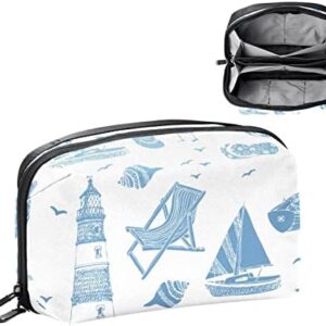 Electronics Organizer, Nautical Blue Ship Lighthouse Deck Chair Conch Small Travel Cable Organizer Carrying Bag, Compact Tech Case Bag for Electronic Accessories, Cords, Charger, USB, Hard Drives
