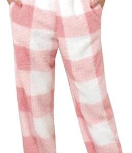 Fuzzy Plaid Jogger Pants Women Soft Plush Cinch Bottom Sweatpant Winter Warm Elastic Waist Pajama Pant with Pockets