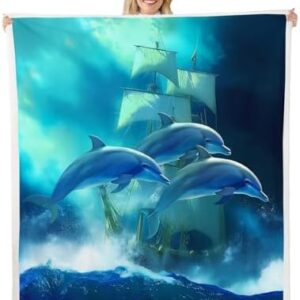 Sailboat Printed Blanket for Boys Girls Kids Super Soft Warm Dolphin Pattern Sherpa Fleece Blanket Nautical Theme Throw Blankets Ocean Waves Bed Blanket Gifts for Teens Women(Queen 90"x90")