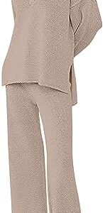 Women Knit Waffle Tracksuit 2 Piece Outfits Oversized Lounge Sets Side Split Henley Neck Shirts and Wide Leg Pants