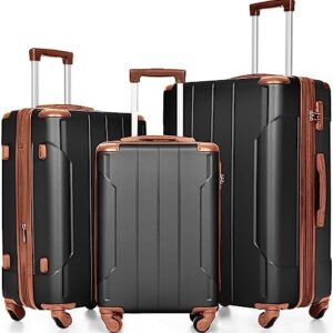 Merax Luggage Set 3 Piece Expandable Lightweight Spinner Suitcase with Corner Guards (Black brown, 20/24/28)