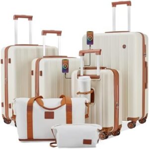 imiomo Luggage Sets 4 Piece Expandable Suitcase Set,Hardside Carry on Luggage with USB Port Cup Holder,Travel Luggage Spinner Suitcases with Wheels TSA Lock, Beige Brown