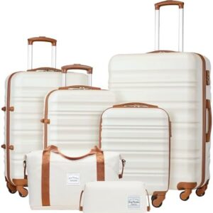 LONG VACATION Luggage Set 4 Piece Luggage ABS hardshell TSA Lock Spinner Wheels Luggage Carry on Suitcase (WHITE-BROWN, 6 piece set)