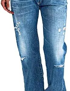 Womens Loose Distressed Jean Baggy Ripped Straight Leg Mid Waist Boyfriend Denim Pants