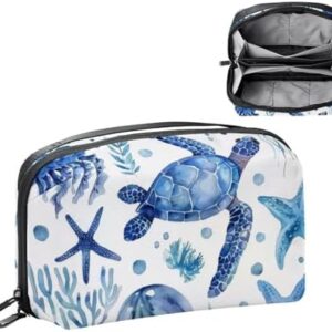 Electronics Organizer, Watercolor Nautical Jellyfish Starfish Turtle Small Travel Cable Organizer Carrying Bag, Compact Tech Case Bag for Electronic Accessories, Cords, Charger, USB, Hard Drives