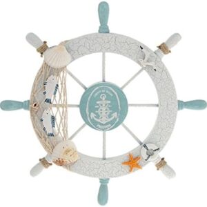 Nautical Beach Wooden Boat Ship Steering Wheel Fishing Net Shell Home Wall Decor White - Fish