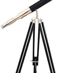 Antique Vintage Shiny Nickel Chrome Finish Telescope Nautical Leather Gifts Sail Boat with Black Wooden Standing Tripod Telescope