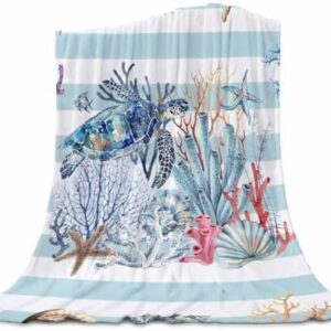 Coastal Turtle Throw Blankets Gifts, Soft Flannel Fleece Microfiber Blankets, Nautical Striped Coral Starfish Shell Conch Blue Warm Bed Blanket Throws for Chair Sofa Couch Bedroom Camper 30x40 in