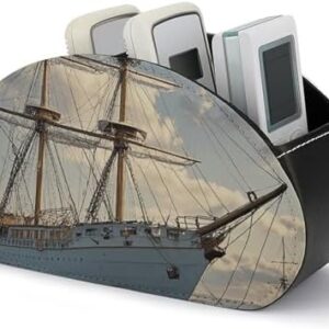 Vintage Nautical White Ship Remote Control Holder PU Leather TV Remote Storage Caddy with 5 Compartments Remote Storage Box Desktop Organizer Store Controller for Office Bedside Table