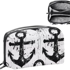 Electronics Organizer, Nautical Black and White Anchor Small Travel Cable Organizer Carrying Bag, Compact Tech Case Bag for Electronic Accessories, Cords, Charger, USB, Hard Drives