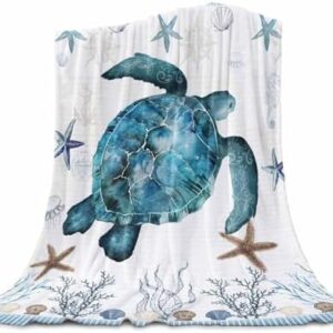 Fleece Throw Blanket Super Soft Warm Flannel Sea Turtle Child Blankets for Couch, Sofa Bed, Cozy,Fuzzy and Lightweight,Nautical Coastal Coral Starfish Beach Blue Teal,40x50 Inches