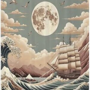 Nautical Blanket, Pastel Ocean Scenery with Waves and Ship in Japanese Ethnic Style, Lightweight & Warm, Perfect for Bed or Couch, Queen, Floral, 50" x 70" Pale Teal Tan Dried Rose