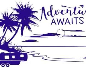 Adventure Awaits Rv Camper Fifth Wheel Vehicle Beach Rv Ocean Palm Trees Engraving Stickers Removable Without Leaving Glue Small 30x53cm DarkBlue