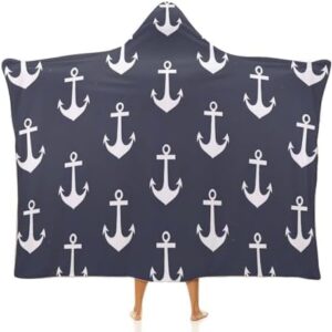 Nautical Anchors Navy Blue Wearable Hooded Blanket Throw Cloak Wrap Warm Robe Cape for Bed Couch