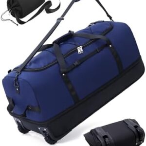 CONTAIL 32”110L Expandable 140L Rolling Duffle Bag with 2 Inline Wheels,Convertible Weekend Travel Bag with Bungee-Cord System,Navy