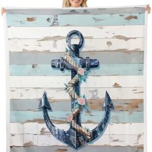 Nautical Anchor Flannel Fleece Blanket,Sea Adventure Super Soft Blanket for Bed Sofa Couch,Farmhouse Wooden Board Bed Blanket for Bedroom Decor,Twin 60"x80"