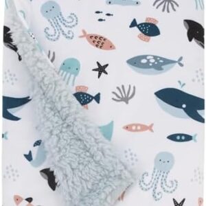 NOJO Explore Dream Discover Light Blue, Navy, Gray and Coral Super Soft Sherpa Baby Blanket