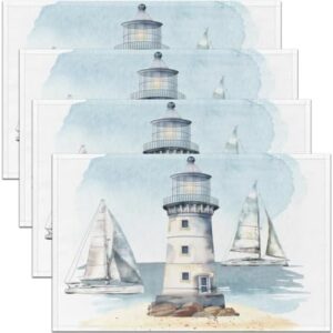 Erosebridal Set of 4 Nautical Table Mats,Sailboat Lighthouse Place Mats,Wash Painting Style Placemats,Summer Beach Ocean Adventure Waterproof Placemats for Dining Table,Anti Slip 12x18 Inch