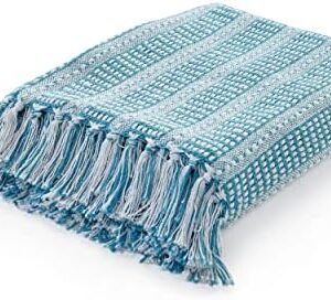 LR Home 50x60 inches Soft Hand Woven Nautical Throw Blanket for Bed, Sofa, Couch | All-Natural Cotton Striped Winter Warm Christmas Blanket Décor Gifts for Men, Women | Maui Blue/White